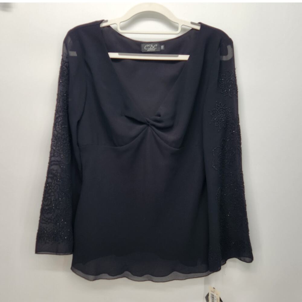 VTG. NWT CDC Petite Black Sheer Lined Beaded Long‎ Sleeve Blouse Women's 10